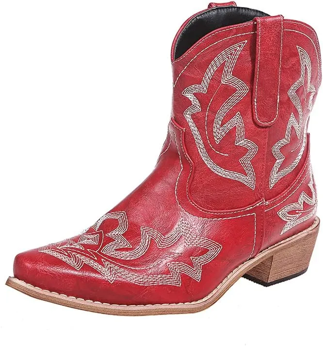 UOQAPRE Western Cowgirl Cowboy Ankle Boots for Women or Ladies,Chunky Heel Mid Calf Ankle Boots Pointed Toe Short Booties