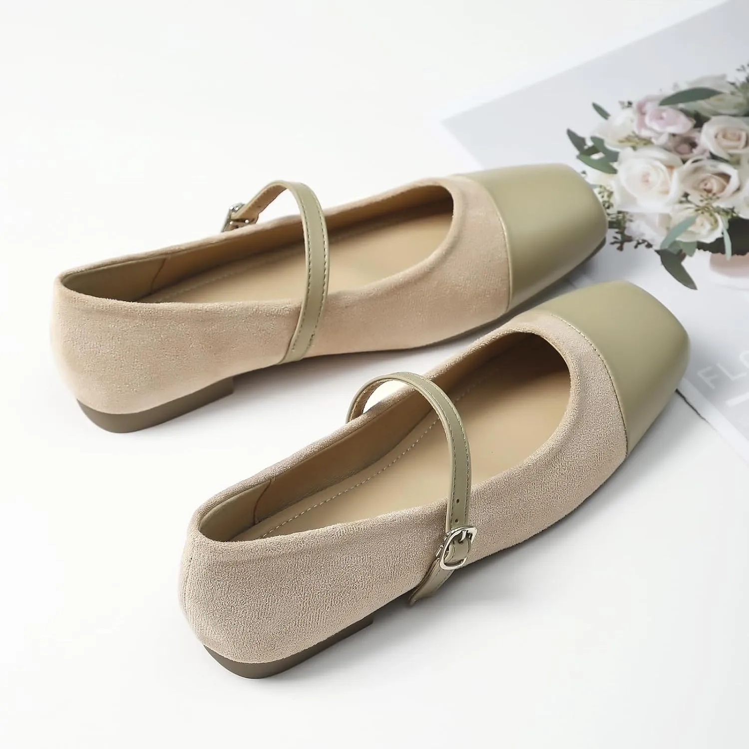 UZUJBAA Women's Suede Mary Jane Flats Buckle Square Cap Toe Ballet Flats Classy Dressy Comfortable Slip on Flats Soft Work Casual Flat Shoes
