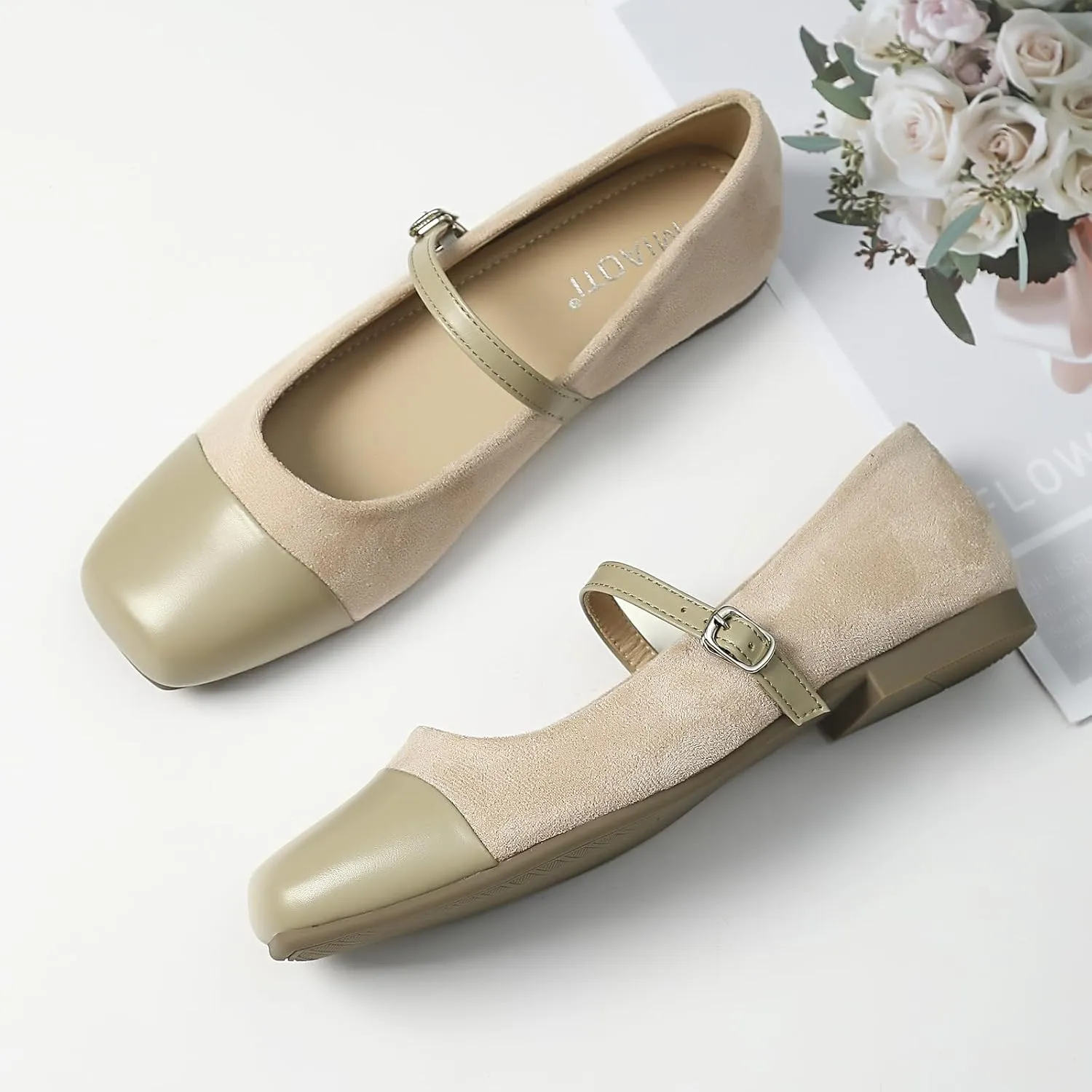 UZUJBAA Women's Suede Mary Jane Flats Buckle Square Cap Toe Ballet Flats Classy Dressy Comfortable Slip on Flats Soft Work Casual Flat Shoes