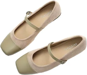 UZUJBAA Women's Suede Mary Jane Flats Buckle Square Cap Toe Ballet Flats Classy Dressy Comfortable Slip on Flats Soft Work Casual Flat Shoes
