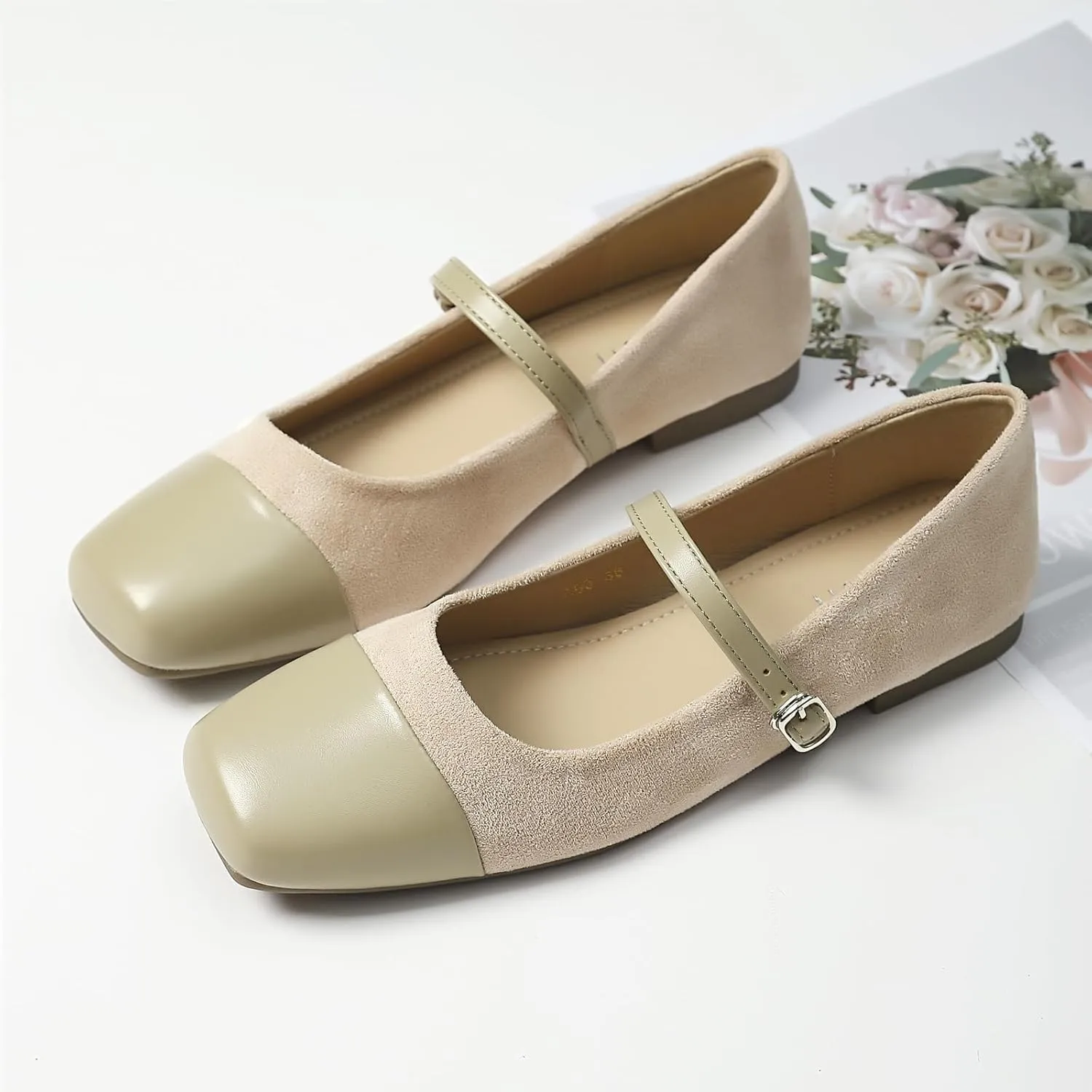 UZUJBAA Women's Suede Mary Jane Flats Buckle Square Cap Toe Ballet Flats Classy Dressy Comfortable Slip on Flats Soft Work Casual Flat Shoes