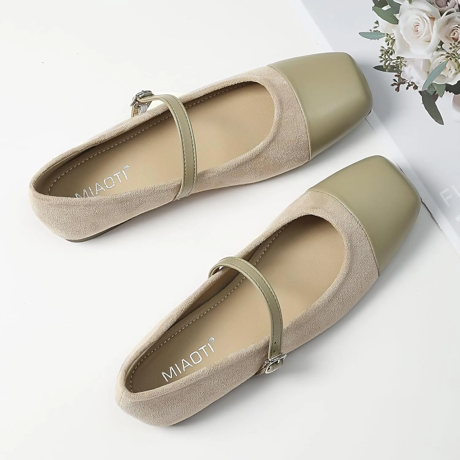 UZUJBAA Women's Suede Mary Jane Flats Buckle Square Cap Toe Ballet Flats Classy Dressy Comfortable Slip on Flats Soft Work Casual Flat Shoes