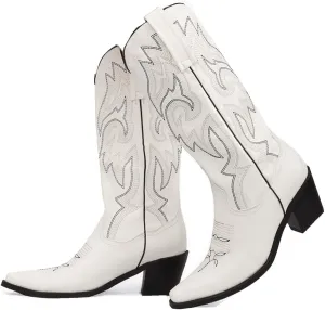 VARECOLA Cowboy Boots For Women Vintage Embroidery Mid Calf Cowgirl Boots Snip Toe Pull On Chunky Heel Western Boots