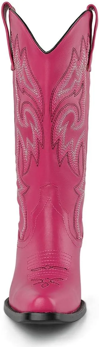 VARECOLA Cowboy Boots For Women Vintage Embroidery Mid Calf Cowgirl Boots Snip Toe Pull On Chunky Heel Western Boots