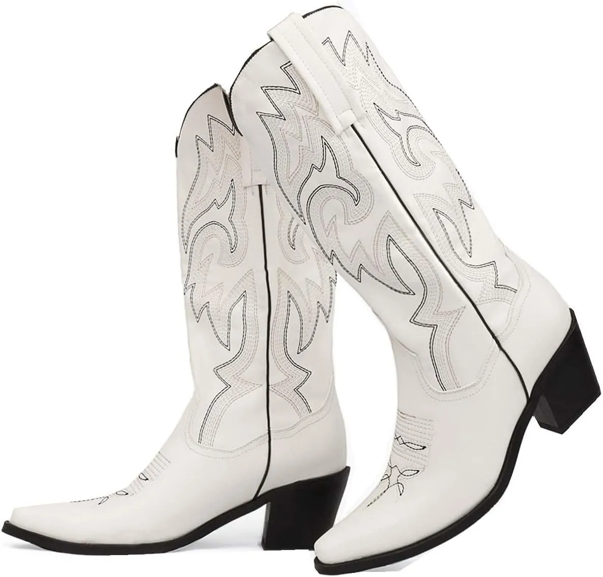 VARECOLA Cowboy Boots For Women Vintage Embroidery Mid Calf Cowgirl Boots Snip Toe Pull On Chunky Heel Western Boots