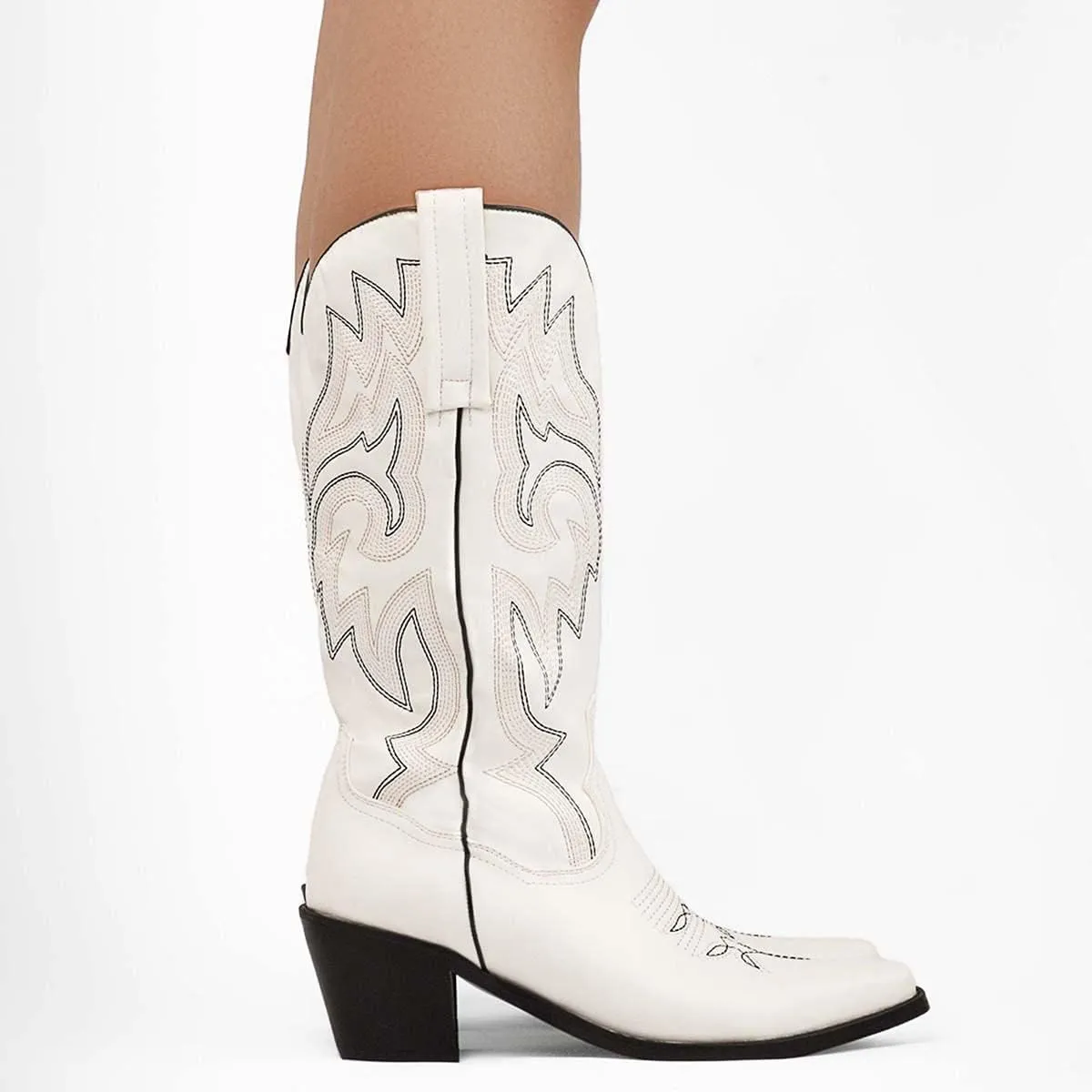 VARECOLA Cowboy Boots For Women Vintage Embroidery Mid Calf Cowgirl Boots Snip Toe Pull On Chunky Heel Western Boots