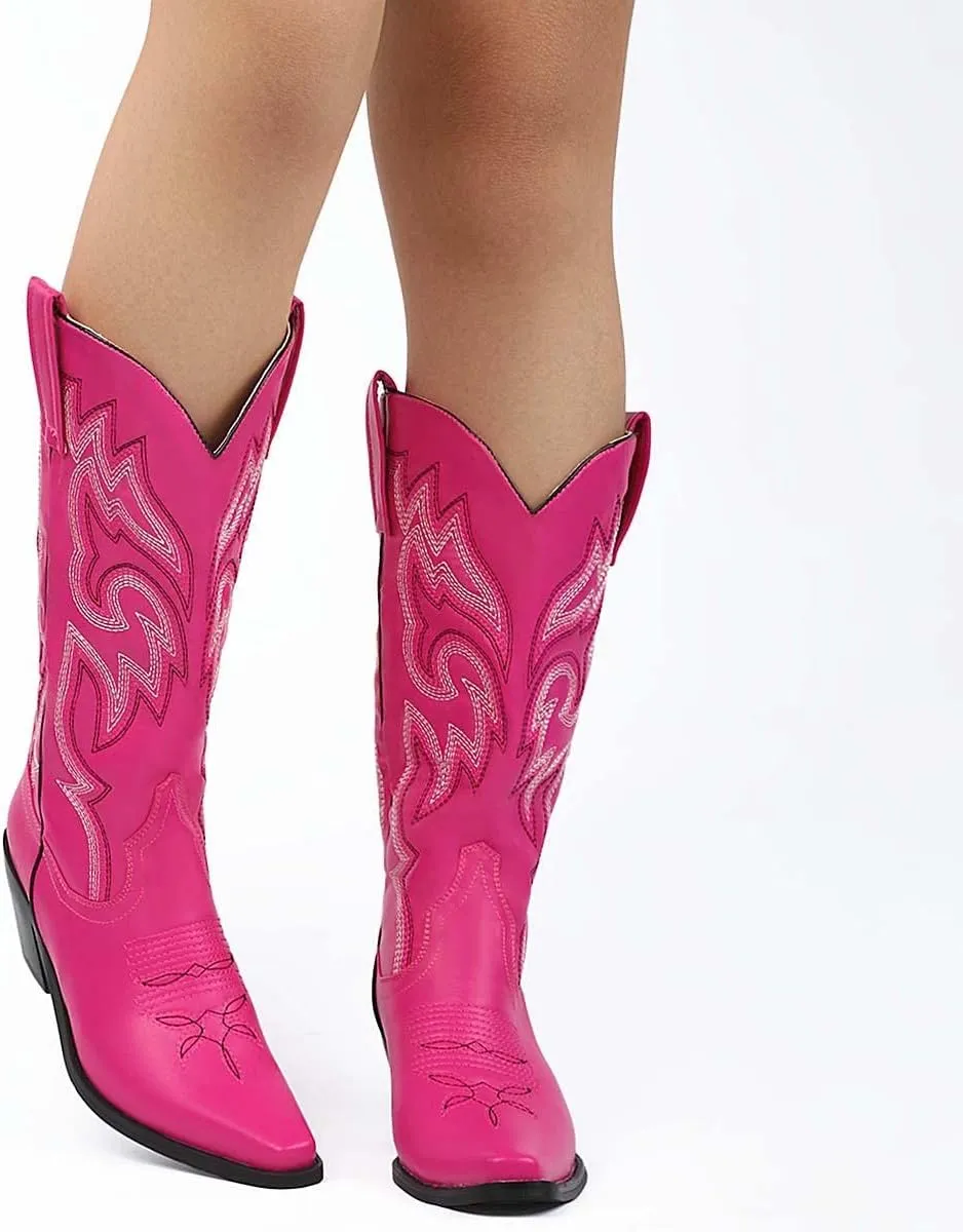 VARECOLA Cowboy Boots For Women Vintage Embroidery Mid Calf Cowgirl Boots Snip Toe Pull On Chunky Heel Western Boots