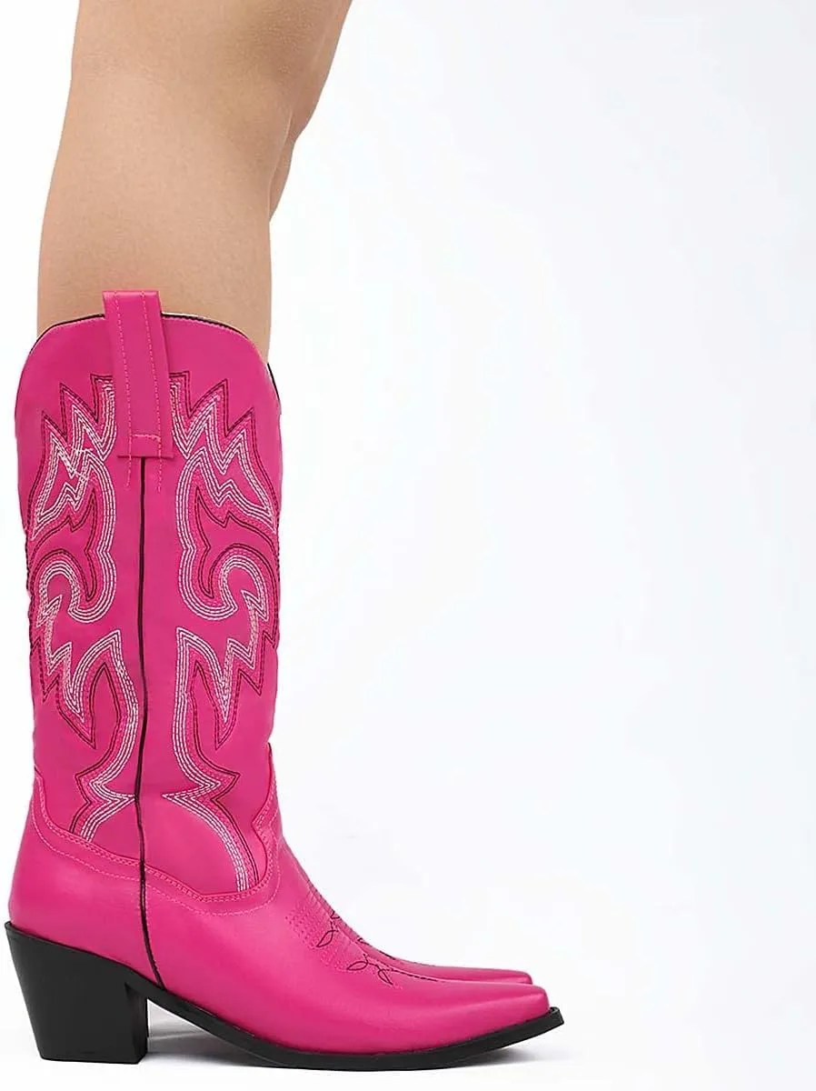VARECOLA Cowboy Boots For Women Vintage Embroidery Mid Calf Cowgirl Boots Snip Toe Pull On Chunky Heel Western Boots
