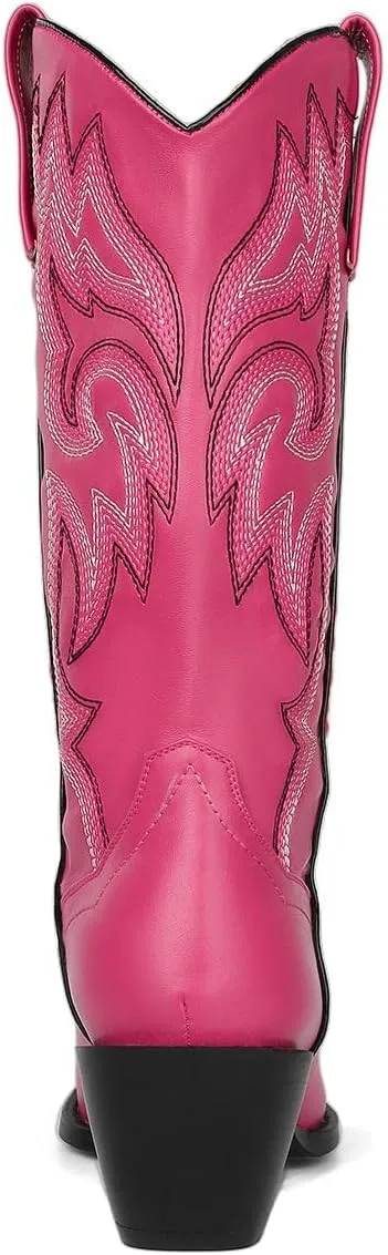 VARECOLA Cowboy Boots For Women Vintage Embroidery Mid Calf Cowgirl Boots Snip Toe Pull On Chunky Heel Western Boots
