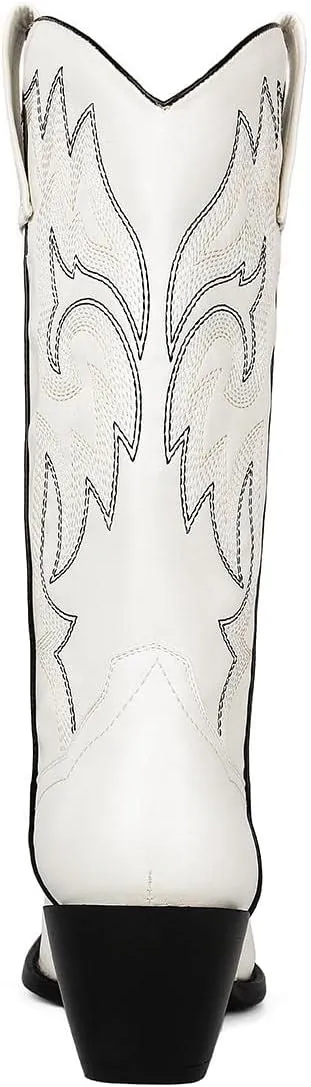 VARECOLA Cowboy Boots For Women Vintage Embroidery Mid Calf Cowgirl Boots Snip Toe Pull On Chunky Heel Western Boots