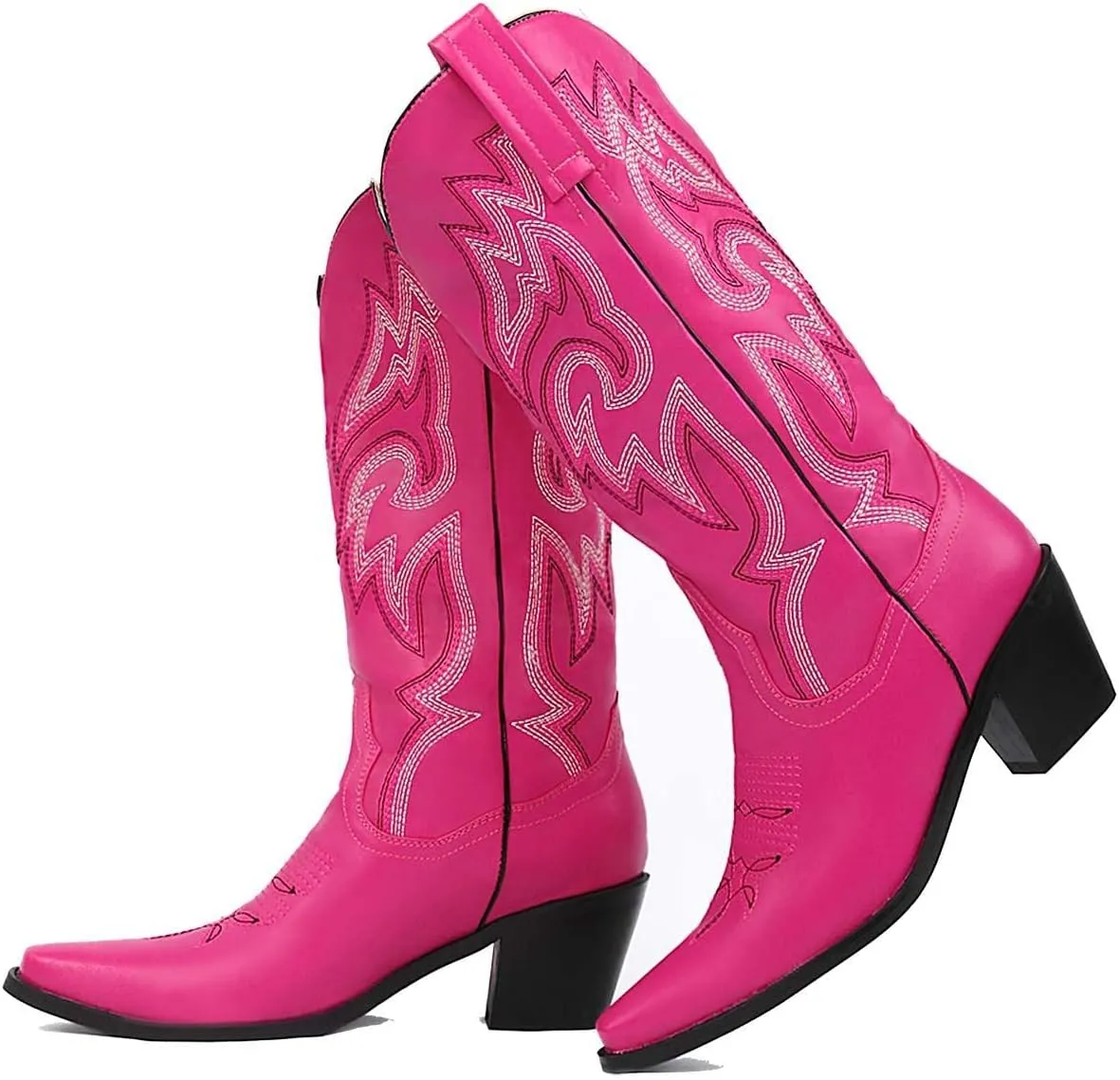 VARECOLA Cowboy Boots For Women Vintage Embroidery Mid Calf Cowgirl Boots Snip Toe Pull On Chunky Heel Western Boots