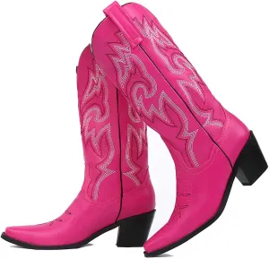 VARECOLA Cowboy Boots For Women Vintage Embroidery Mid Calf Cowgirl Boots Snip Toe Pull On Chunky Heel Western Boots