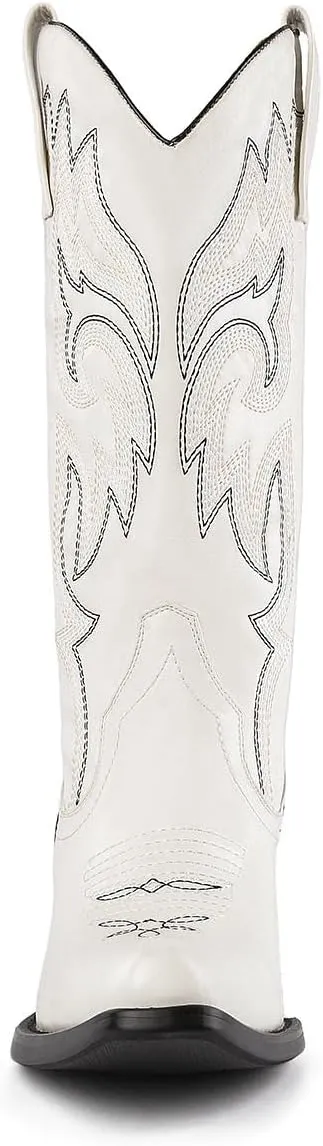 VARECOLA Cowboy Boots For Women Vintage Embroidery Mid Calf Cowgirl Boots Snip Toe Pull On Chunky Heel Western Boots