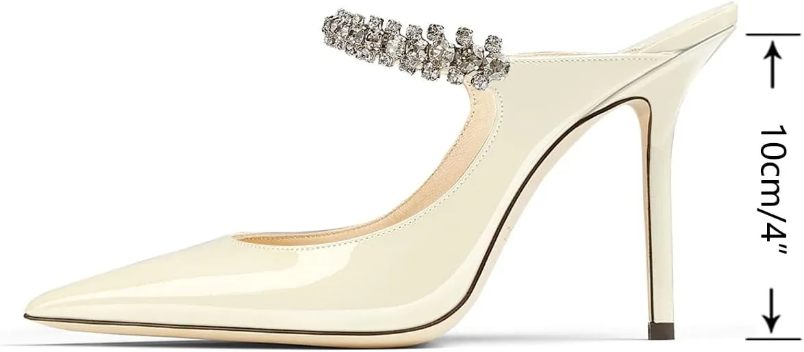 Vaslemuse Women Rhinestone Heeled Mules Pointed Toe Strappy Mule Sandals Stiletto High Heels Slip On Bridal Wedding Pumps for Women