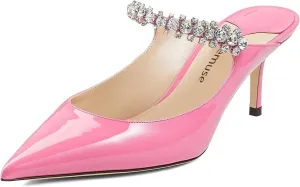 Vaslemuse Women Rhinestone Heeled Mules Pointed Toe Strappy Mule Sandals Stiletto High Heels Slip On Bridal Wedding Pumps for Women