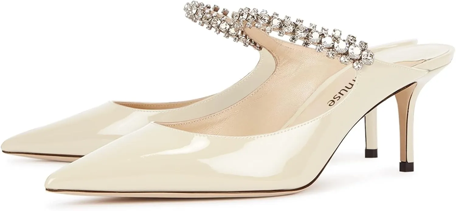 Vaslemuse Women Rhinestone Heeled Mules Pointed Toe Strappy Mule Sandals Stiletto High Heels Slip On Bridal Wedding Pumps for Women