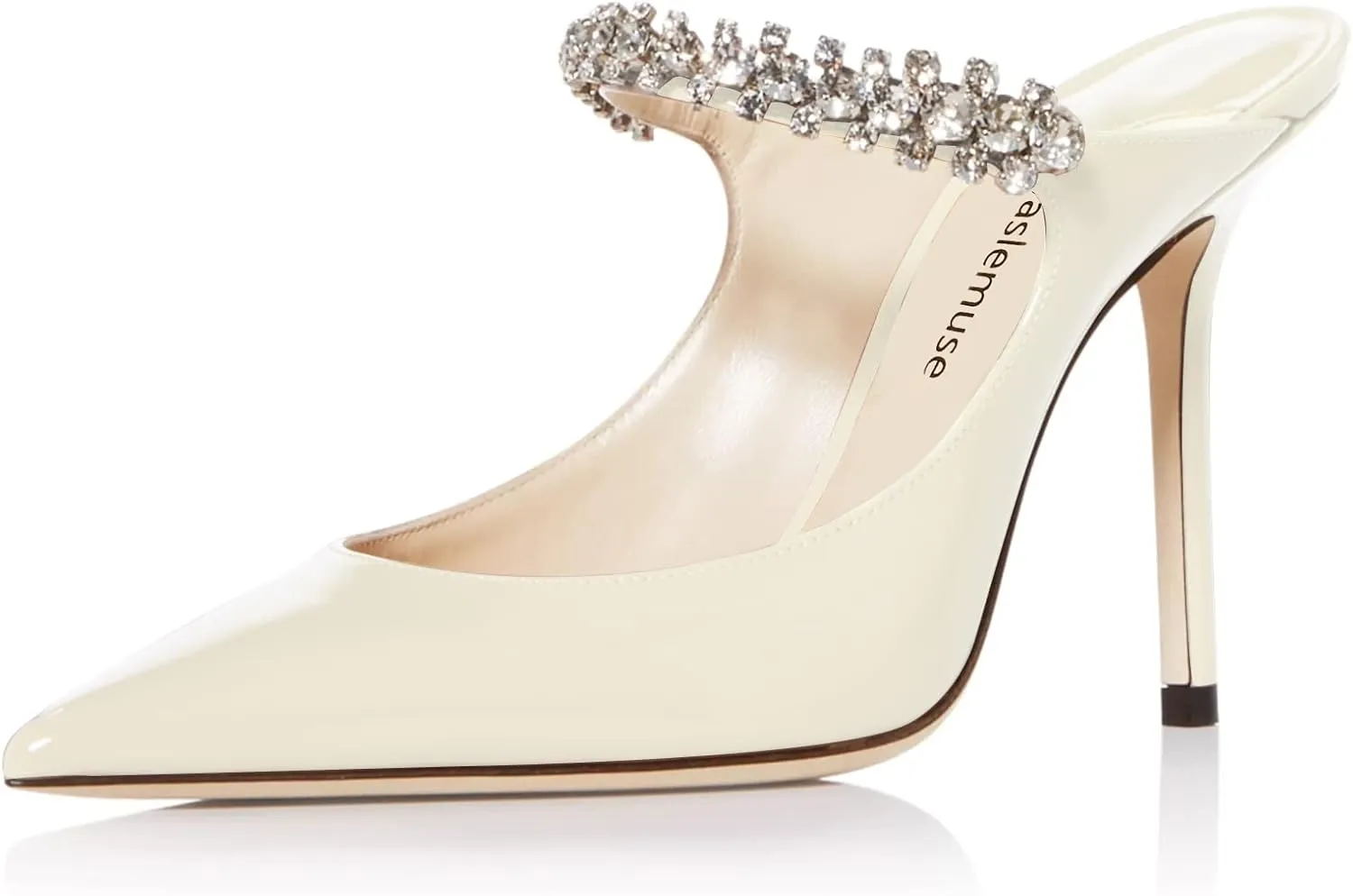 Vaslemuse Women Rhinestone Heeled Mules Pointed Toe Strappy Mule Sandals Stiletto High Heels Slip On Bridal Wedding Pumps for Women