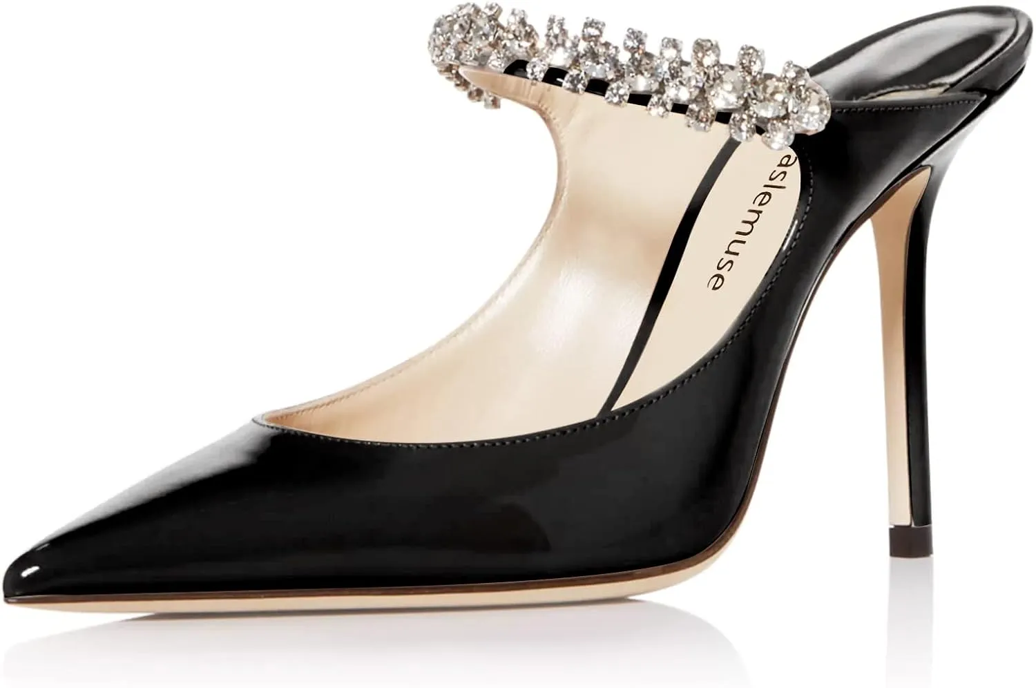 Vaslemuse Women Rhinestone Heeled Mules Pointed Toe Strappy Mule Sandals Stiletto High Heels Slip On Bridal Wedding Pumps for Women