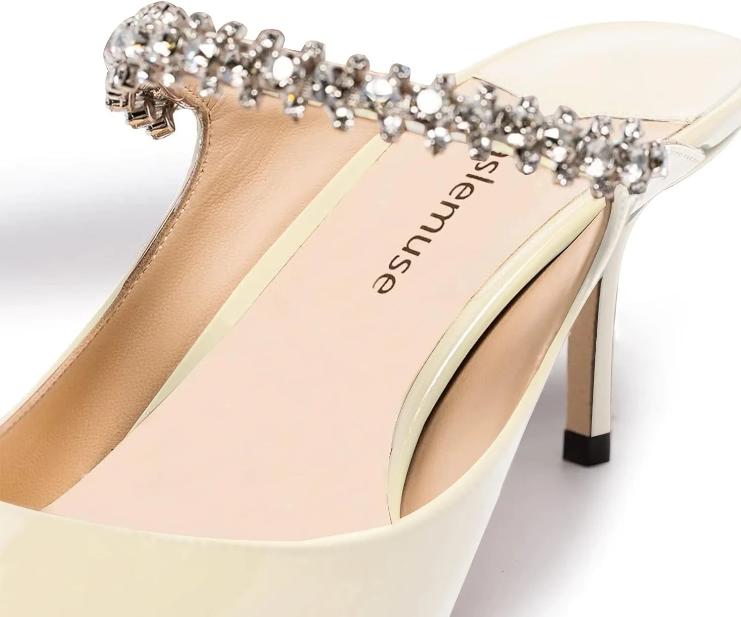 Vaslemuse Women Rhinestone Heeled Mules Pointed Toe Strappy Mule Sandals Stiletto High Heels Slip On Bridal Wedding Pumps for Women