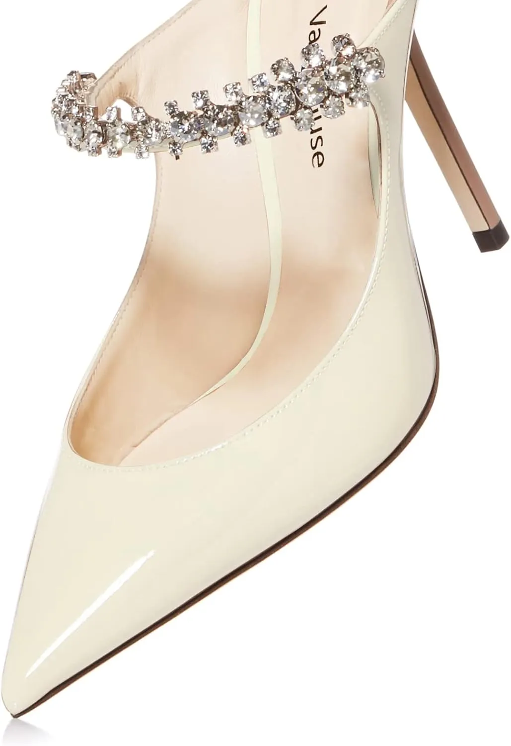 Vaslemuse Women Rhinestone Heeled Mules Pointed Toe Strappy Mule Sandals Stiletto High Heels Slip On Bridal Wedding Pumps for Women