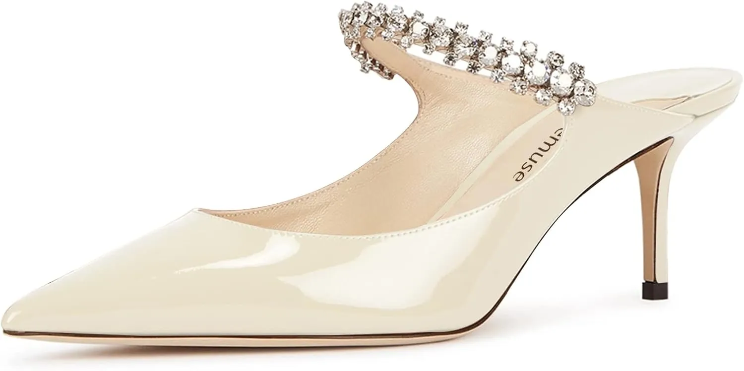 Vaslemuse Women Rhinestone Heeled Mules Pointed Toe Strappy Mule Sandals Stiletto High Heels Slip On Bridal Wedding Pumps for Women