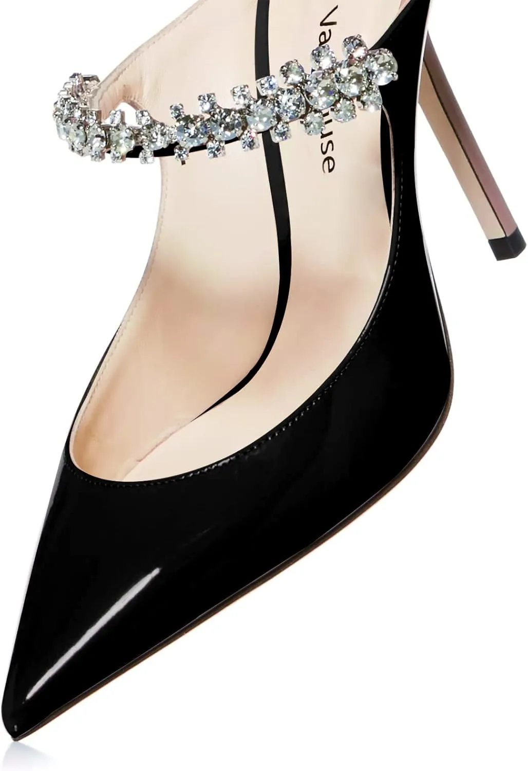 Vaslemuse Women Rhinestone Heeled Mules Pointed Toe Strappy Mule Sandals Stiletto High Heels Slip On Bridal Wedding Pumps for Women