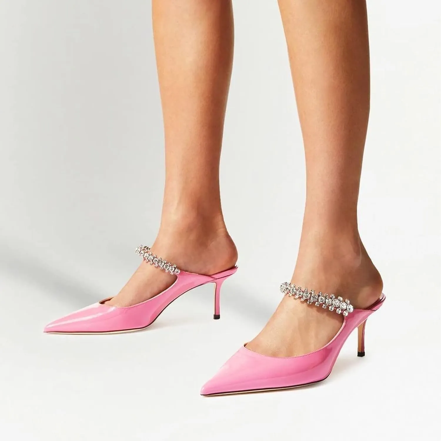 Vaslemuse Women Rhinestone Heeled Mules Pointed Toe Strappy Mule Sandals Stiletto High Heels Slip On Bridal Wedding Pumps for Women