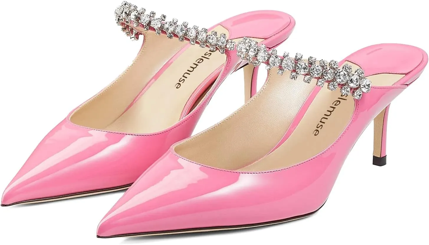 Vaslemuse Women Rhinestone Heeled Mules Pointed Toe Strappy Mule Sandals Stiletto High Heels Slip On Bridal Wedding Pumps for Women