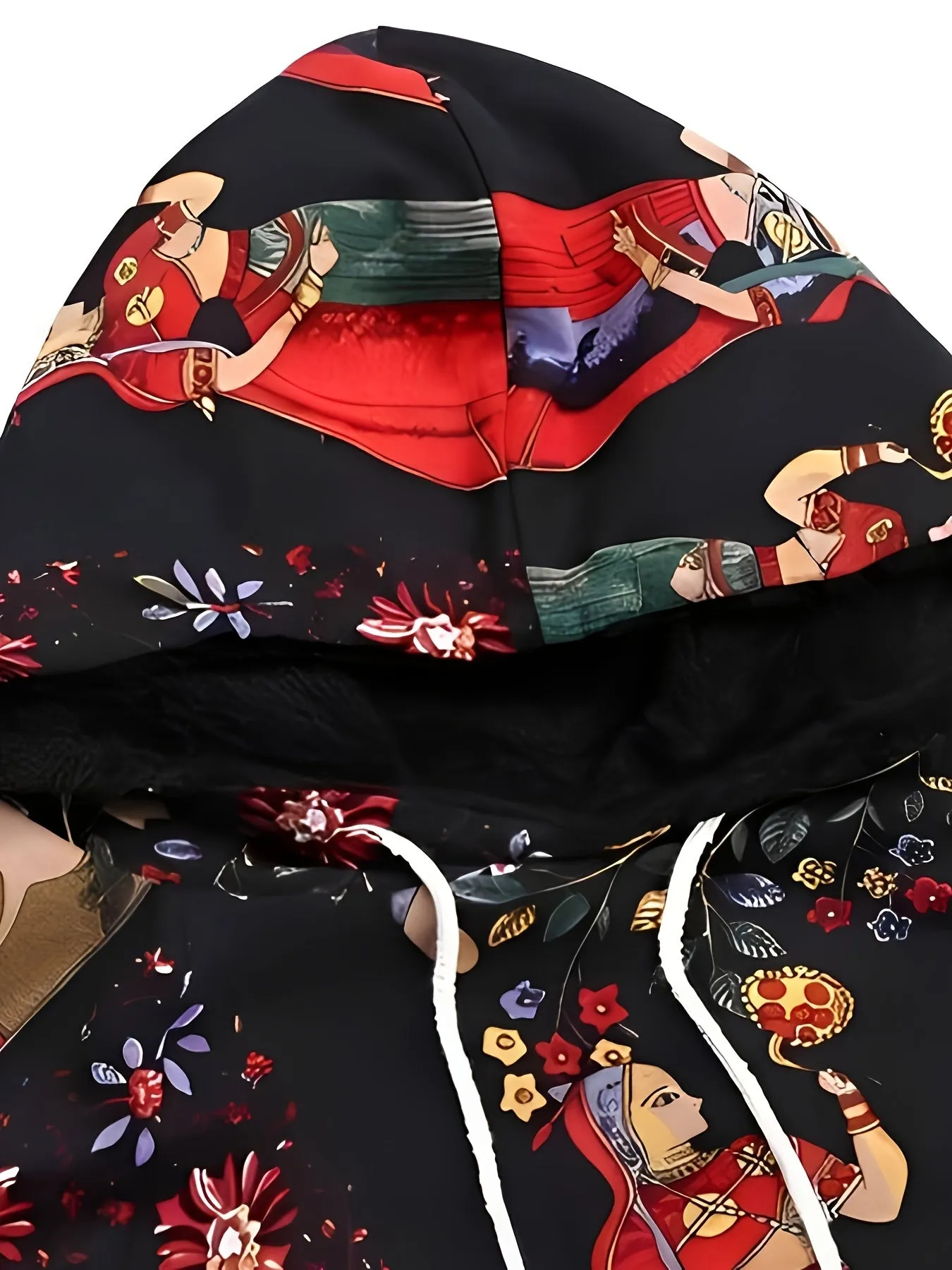 Vintage Womens Ethnic Print Hooded Poncho Cape