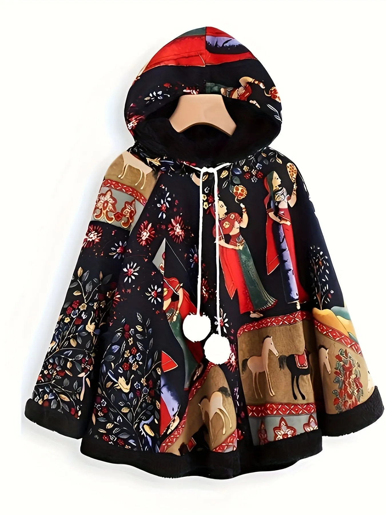 Vintage Womens Ethnic Print Hooded Poncho Cape