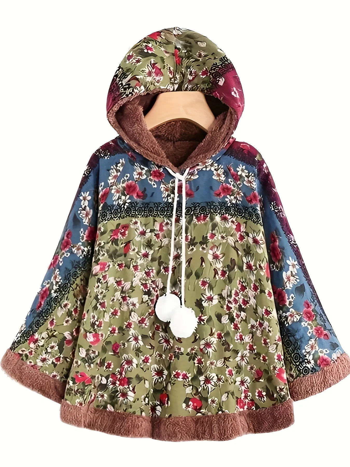 Vintage Womens Ethnic Print Hooded Poncho Cape