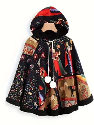Vintage Womens Ethnic Print Hooded Poncho Cape
