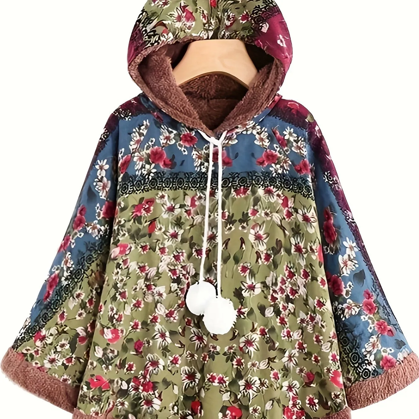 Vintage Womens Ethnic Print Hooded Poncho Cape