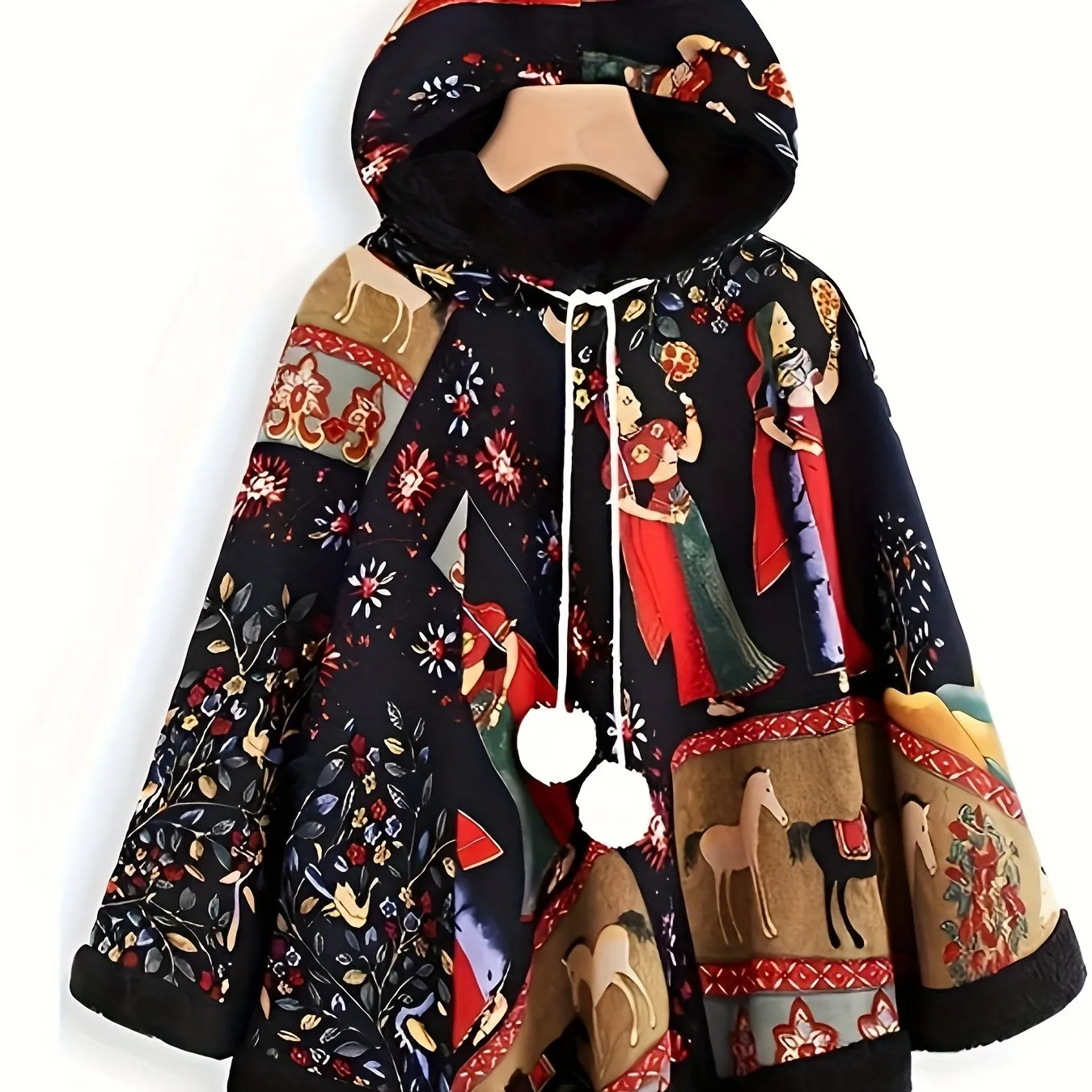 Vintage Womens Ethnic Print Hooded Poncho Cape
