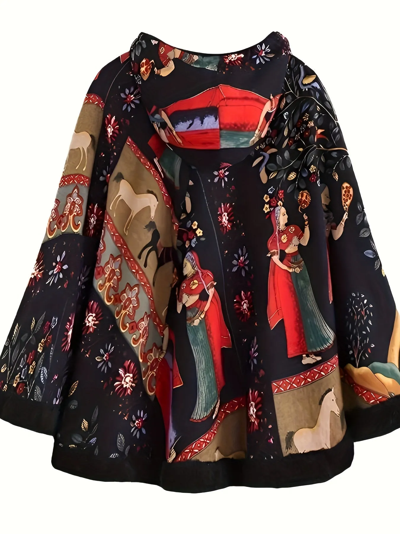 Vintage Womens Ethnic Print Hooded Poncho Cape