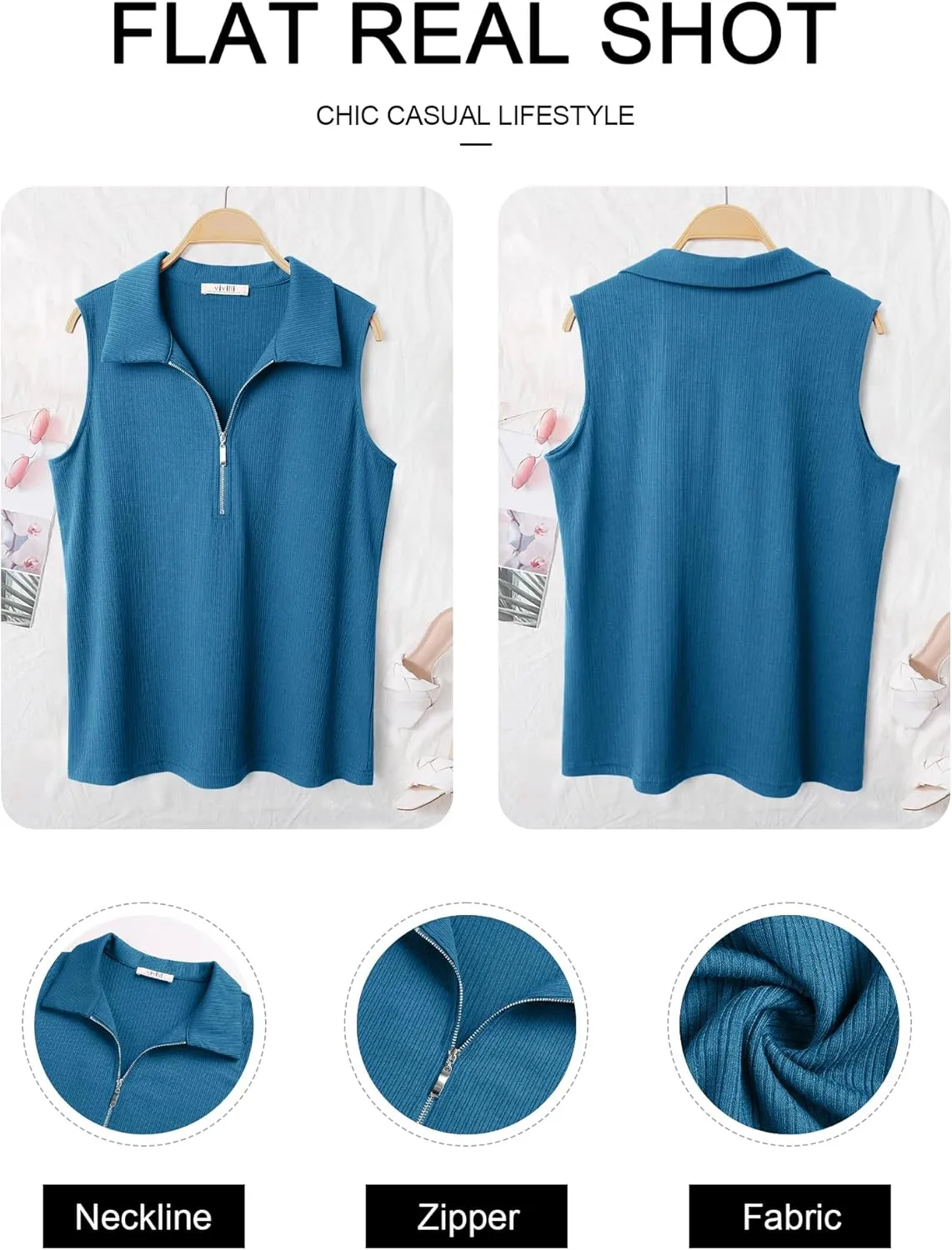 Vivilli Womens Ribbed Tank Top Zipper V Neck Dressy Casual Blouses Sleeveless Camisole Tops Work Tank Polo Shirts