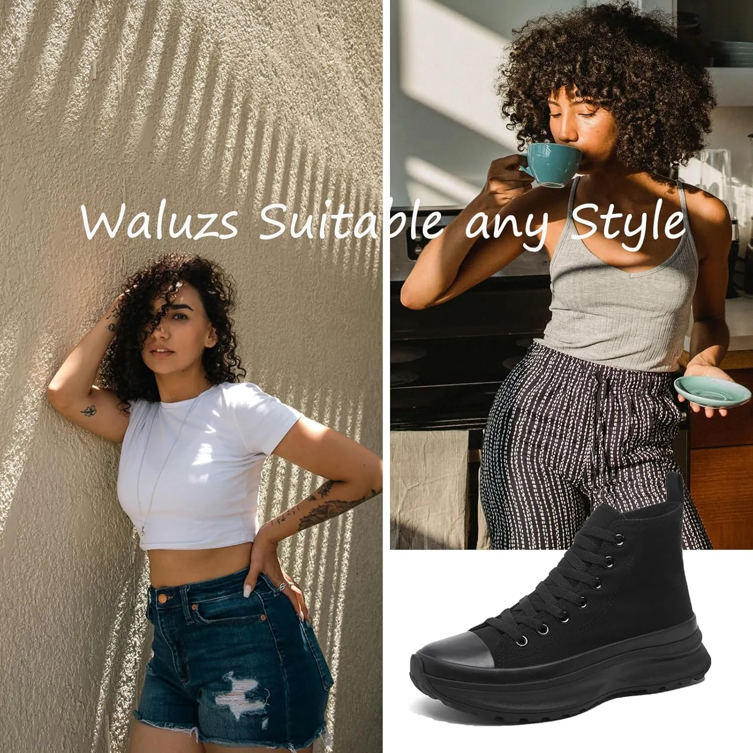 Waluzs Womens High Top Sneakers Black High Tops Platform Sneakers Lace UP Canvas Shoes White Tennis Shoes for Gym