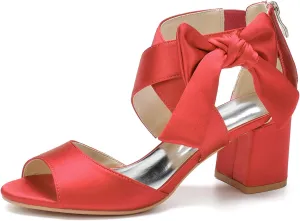 Wedding Sandals for Women Chunky Block Heel Cute Bow Open Toe Back Zipper Summer Bridal Dress Shoe,Red,10