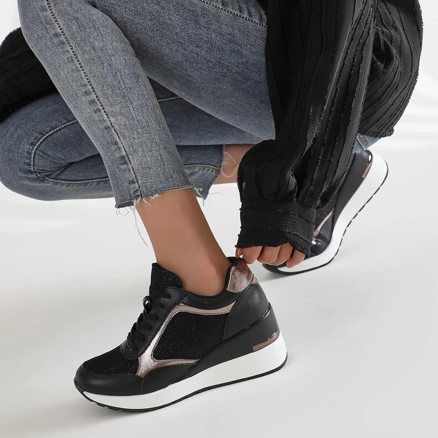 Wedge Sneakers for Women Lightweight Platform Casual Glitter Mesh Walking Shoes Non-Slip Women Fashion Sneakers