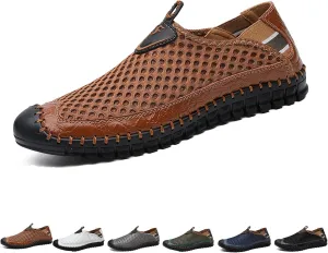WENOREG Men's Mesh Breathable Walking Slip-On Loafers,Fashion Outdoor Lightweight Handmade Stitching Honeycomb Soft Bottom Walking Driving Water Shoes Casual Sandals