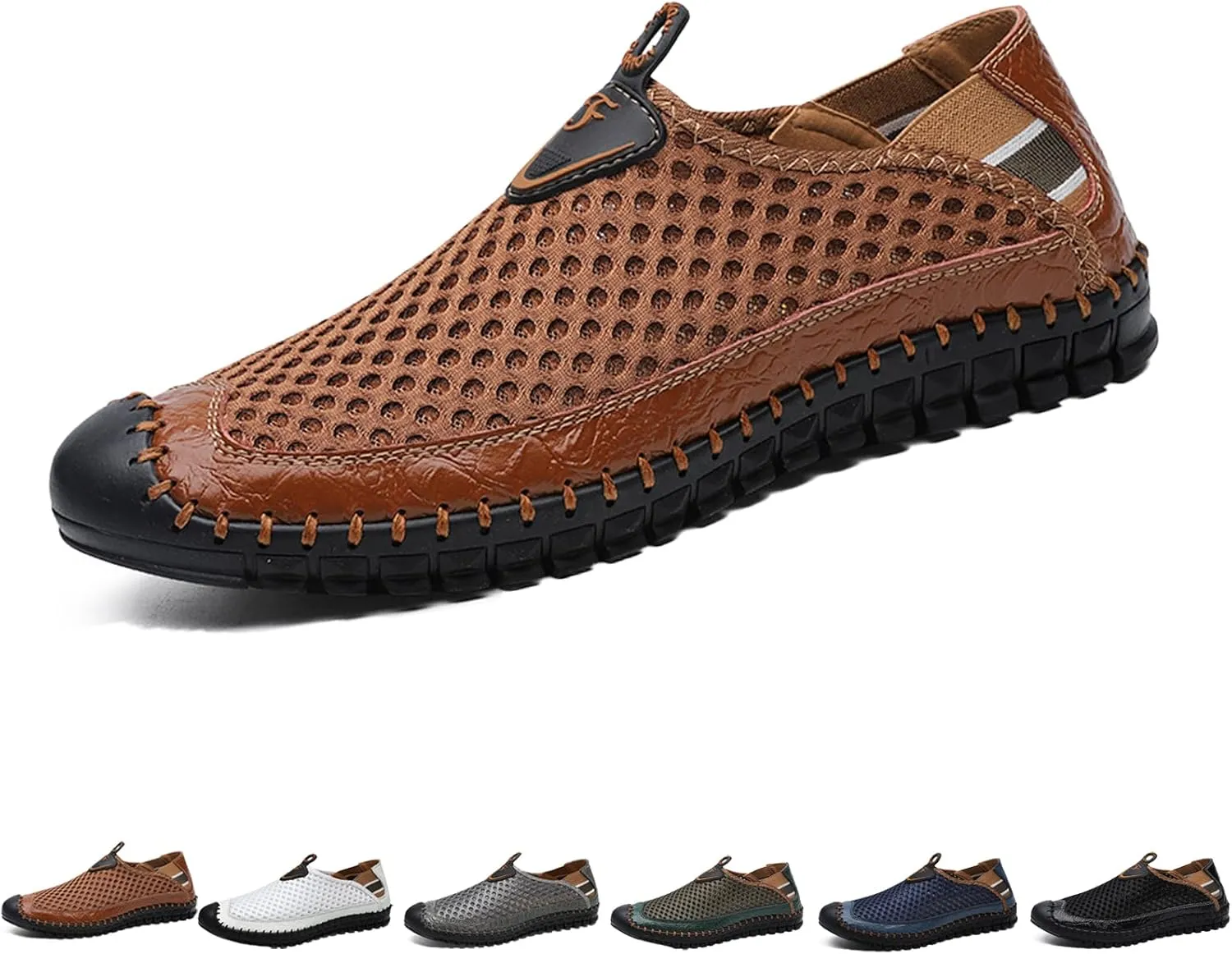 WENOREG Men's Mesh Breathable Walking Slip-On Loafers,Fashion Outdoor Lightweight Handmade Stitching Honeycomb Soft Bottom Walking Driving Water Shoes Casual Sandals