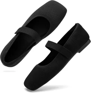 Wide Toe Box Flats Women Comfort Slip On Ballet Shoes Mary Jane Dressy Knit Flats with Adjustable Straps Washable Casual Office