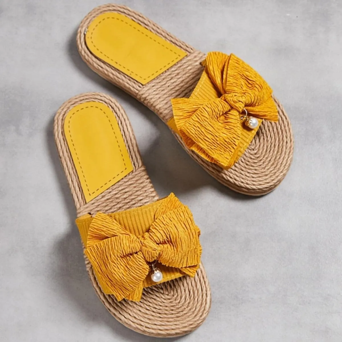 Women Bow Beach Sandals Cute Summer Pearl Straw Flats Comfortable Casual Open Toe Slides