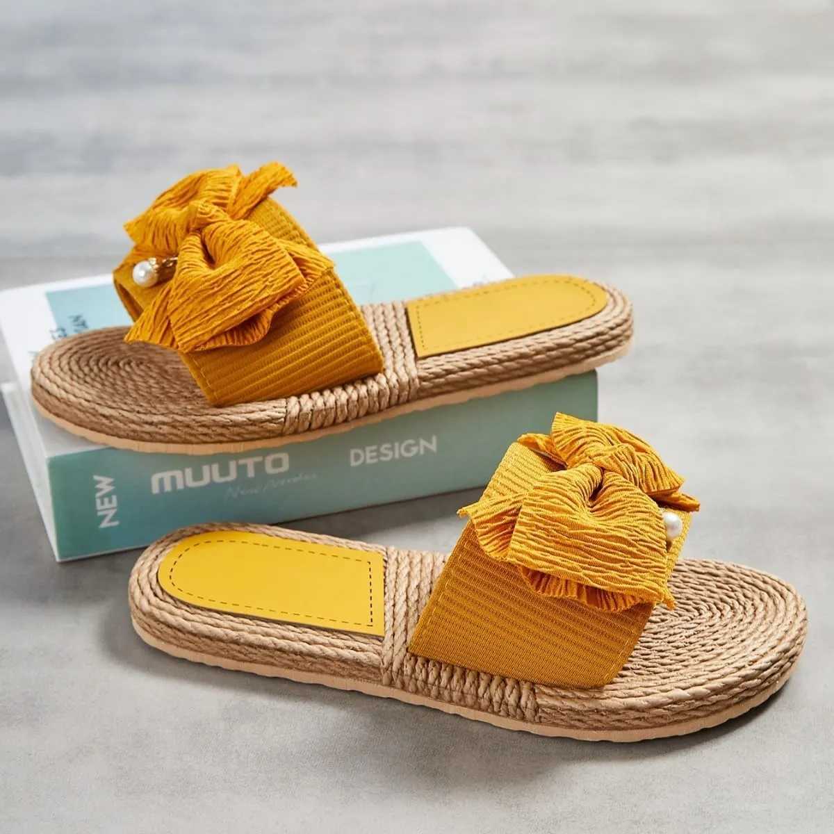 Women Bow Beach Sandals Cute Summer Pearl Straw Flats Comfortable Casual Open Toe Slides