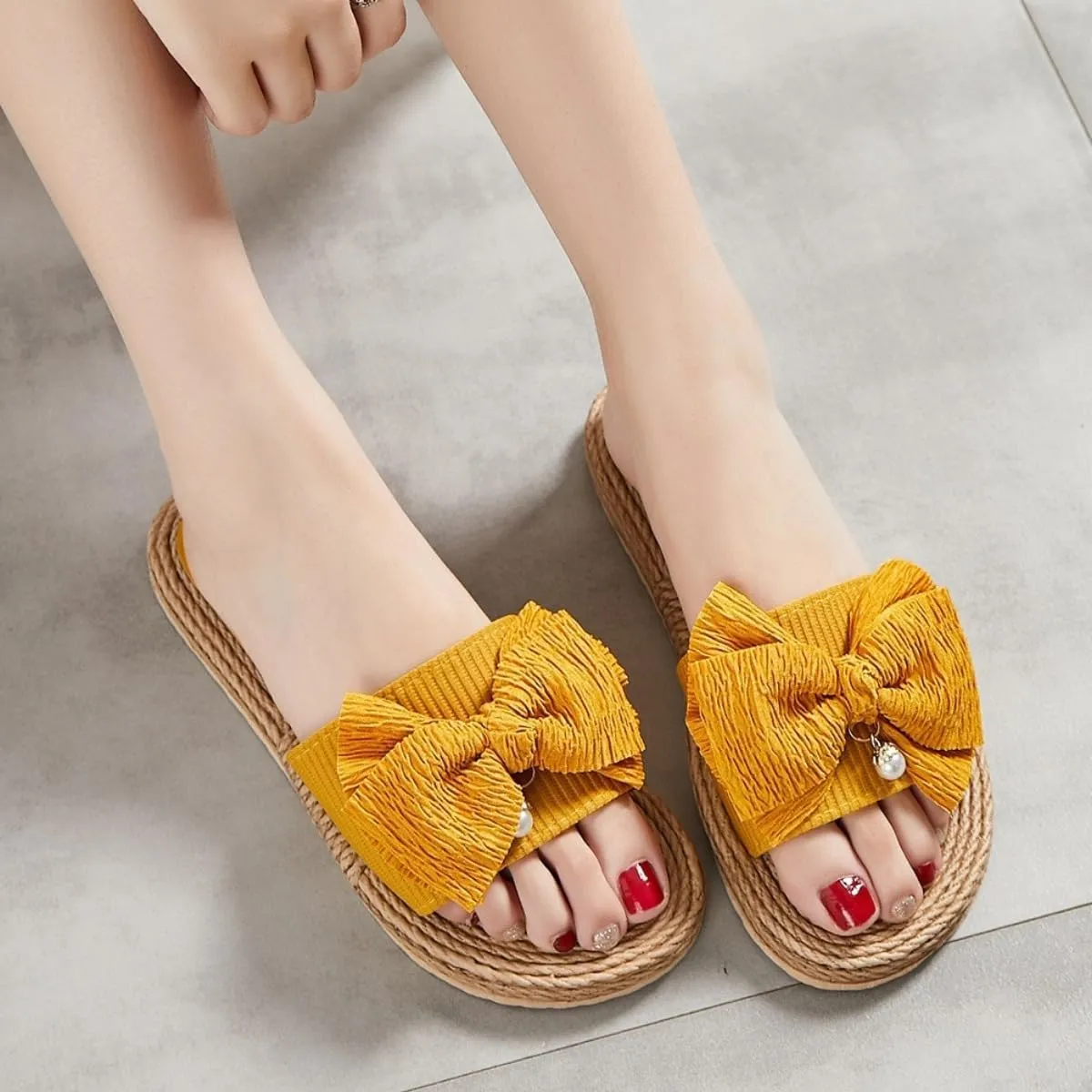 Women Bow Beach Sandals Cute Summer Pearl Straw Flats Comfortable Casual Open Toe Slides
