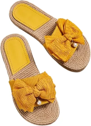 Women Bow Beach Sandals Cute Summer Pearl Straw Flats Comfortable Casual Open Toe Slides