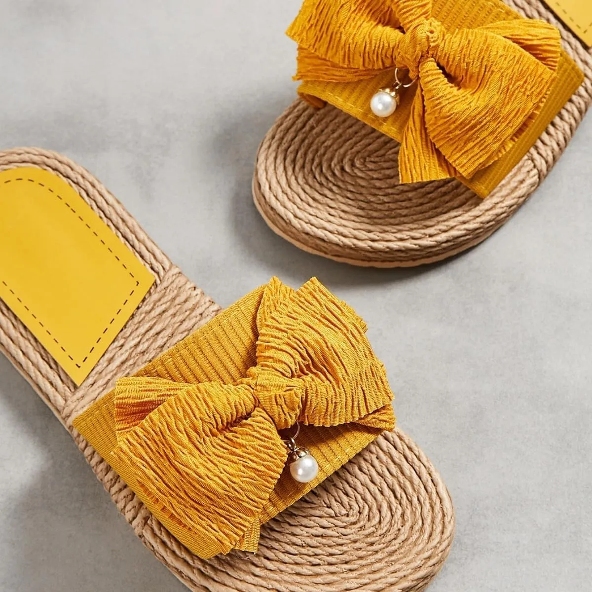 Women Bow Beach Sandals Cute Summer Pearl Straw Flats Comfortable Casual Open Toe Slides