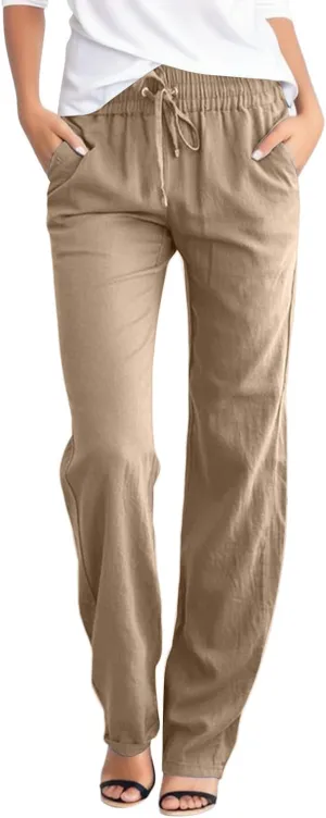 Women Cotton and Linen Summer Palazzo Pants Flowy Wide Leg Beach Pants High Waist Comfy Trousers with Pockets