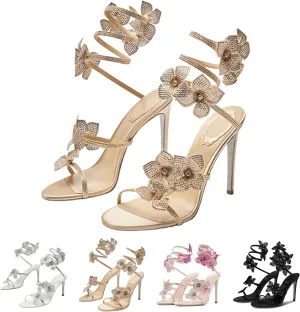Women Rhinestone Flowers Open Round Toe Spiral Wrap Around wrap heels Sandals Sexy Sparkly Bling Ankle Strap flower heels for women