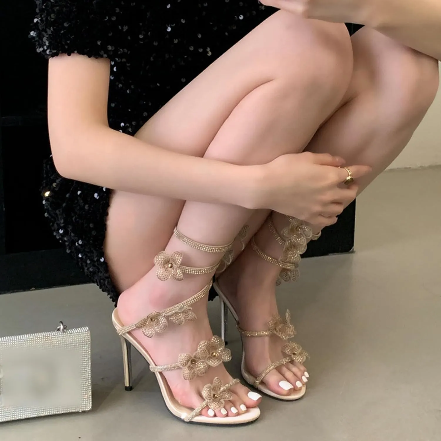 Women Rhinestone Flowers Open Round Toe Spiral Wrap Around wrap heels Sandals Sexy Sparkly Bling Ankle Strap flower heels for women